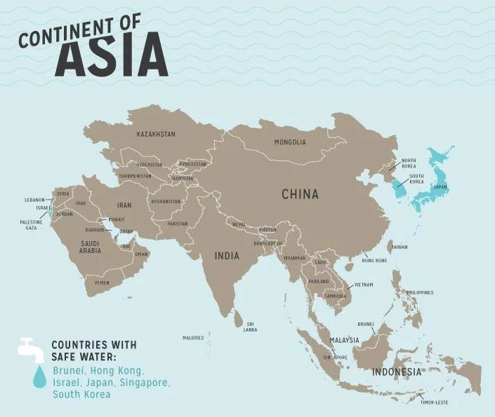 아시아에서 수돗물을 마실 수 있는 곳은 한국, 일본, 싱가폴, 브루나이, 이스라엘, 홍콩뿐